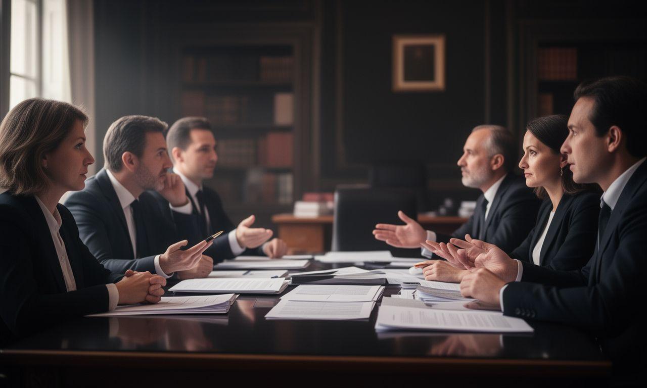 Clienti e avvocati in una sala riunioni elegante a Roma con documenti legali e luce naturale