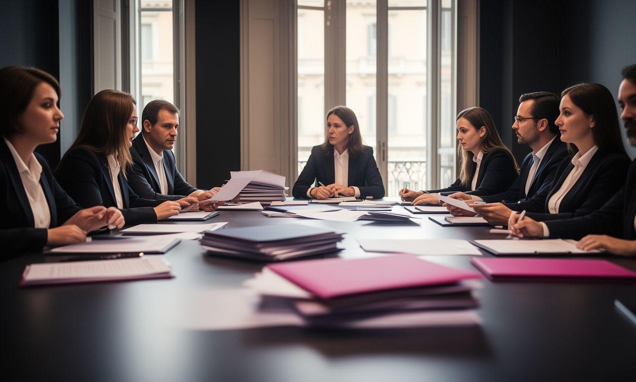 Avvocati in sala riunioni moderna a Roma con fascicoli e luce naturale, scena di consulenza professionale
