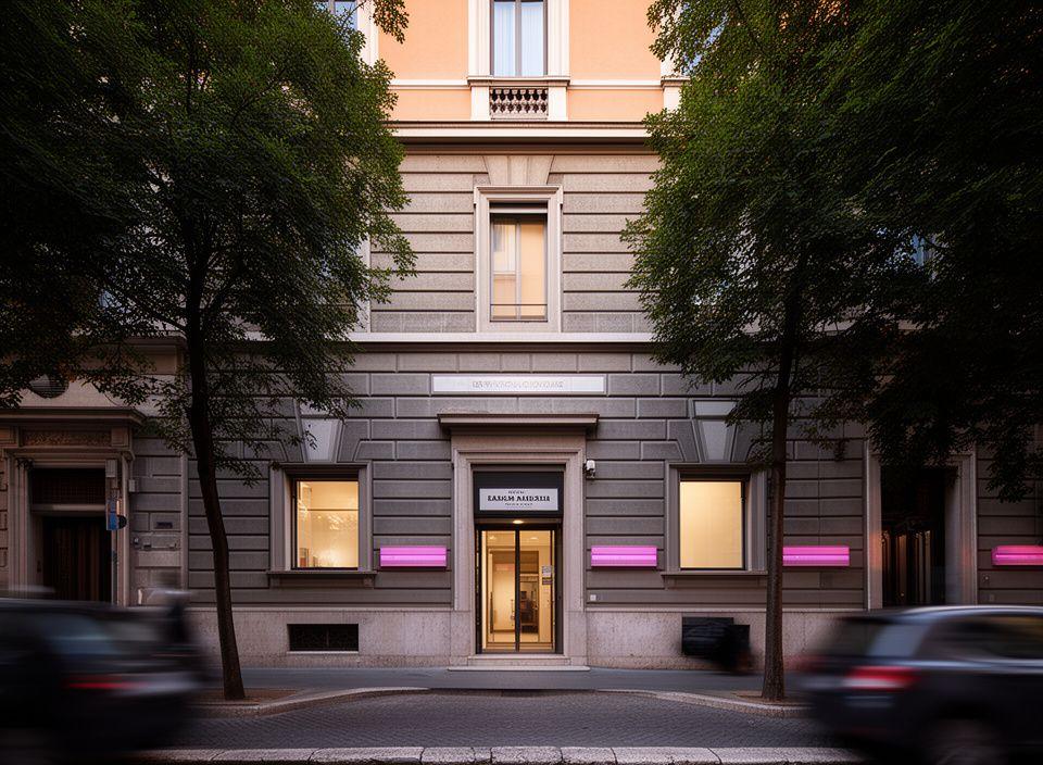 Facciata elegante di uno studio legale a Roma in una strada alberata con ingresso professionale e insegna discreta