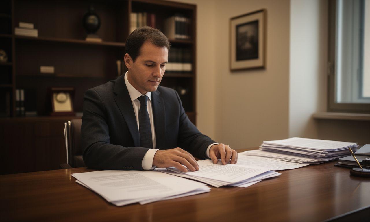 Lawyer reviewing contract documents in a modern Rome office with warm lighting and a polished wooden desk